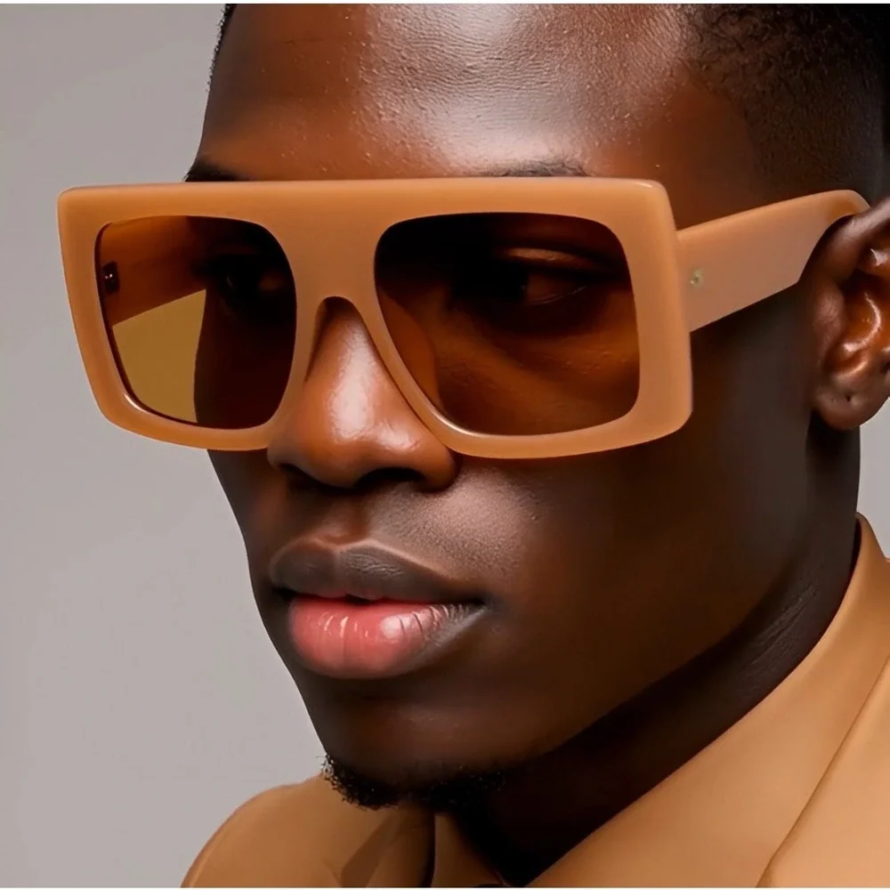 Oversized Square Sunglasses Men Amber Lens Fashion Designer Style Brown Frame‎